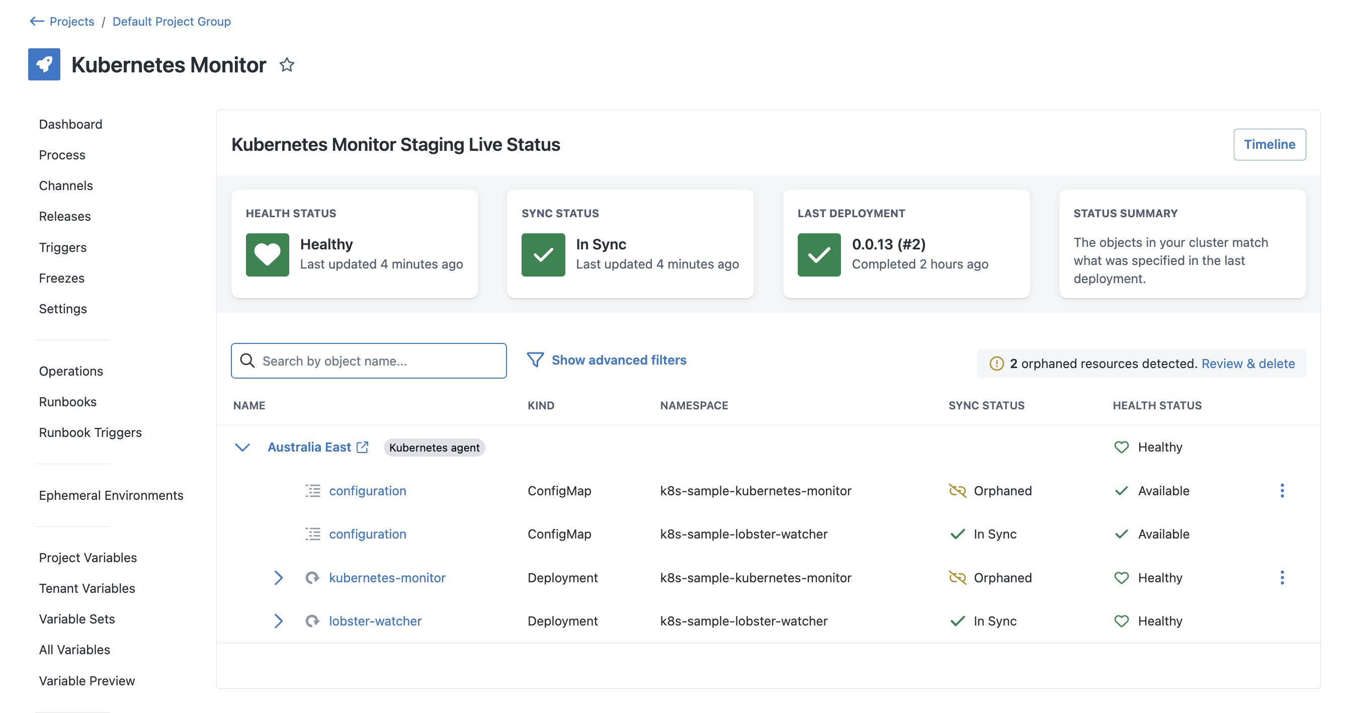 Live Status table showing orphaned objects