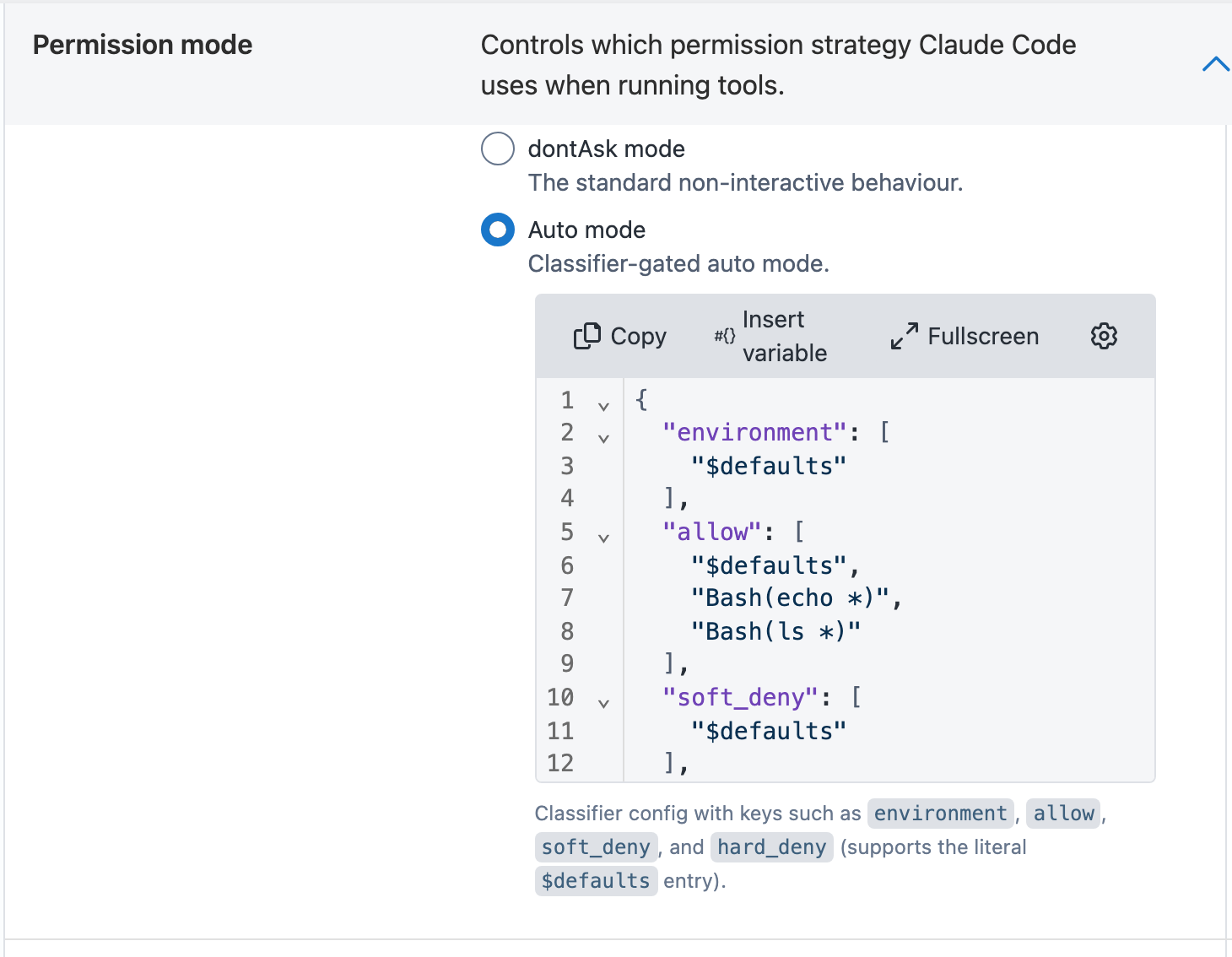 The Auto Mode Config JSON editor shown when Auto mode is selected